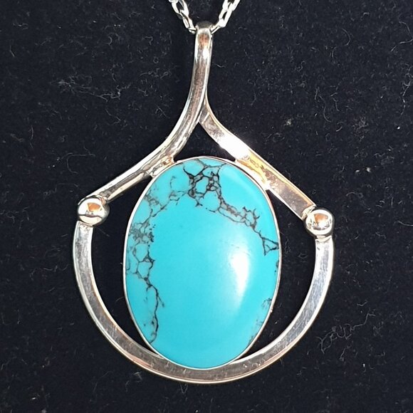 Vintage Mexican Southwestern 925 Sterling Silver Blue Howlite Statement Pendant - Picture 1 of 10